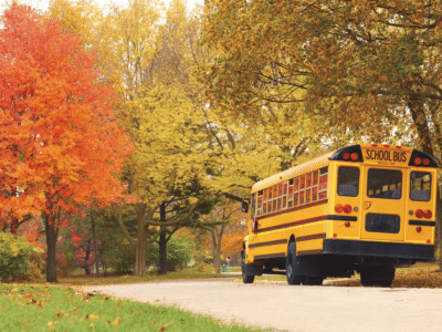 A yellow school bus is parked to the side of a paved road surrounded by trees with fall-colored leaves.