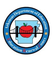 decorative logo featuring a bridge and apple with the outline of the state of Arkansas and the wording "Arkansas Department of Education"