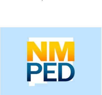 Light blue logo with the lettering NM PED over the outline of the state of New Mexico