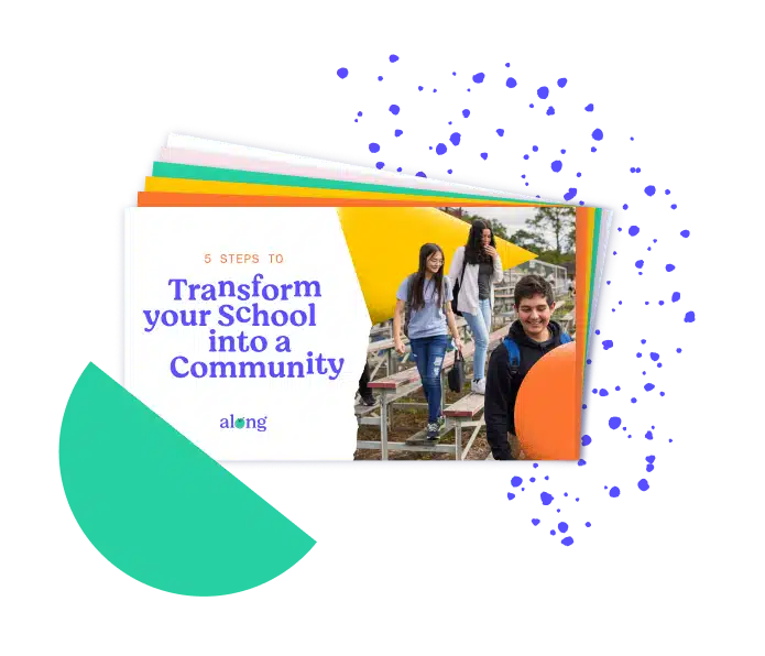 The words "5 Steps to Transform Your School into a Community" in blue front and a picture of students walking on the right