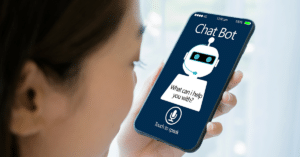 woman holding a cellphone looking at an AI powered chat bot