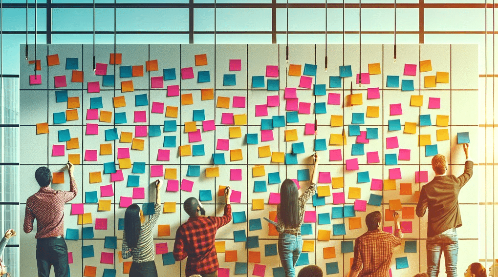 6 people putting blue, pink, and orange post-it notes on a wall