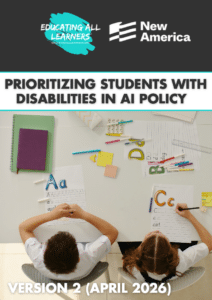 cover image of policy paper - Prioritizing Students with Disabilities in AI Policy V2 - with two students sitting at a desk. camera view is looking down on these two students