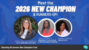 photo with three women as part of the new champion 2026 cohort. includes one winner and two runners up. graphic includes the women's headshot on a blue blackground.